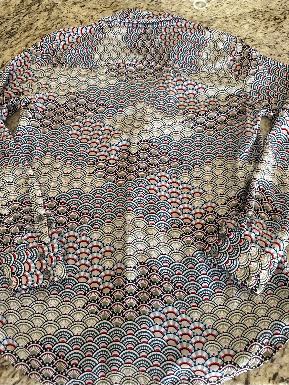 Equipment Femme Adalyn 100% Silk Art Deco Fan Print Blouse Asian Blue - Sz M - Picture 11 of 12